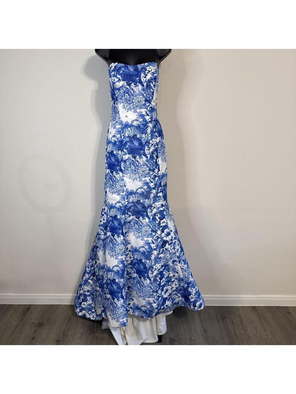 Sherri Hill White Blue Floral Strapless Sweetheart Ballgown Dress Sz 10 *FLAWED*